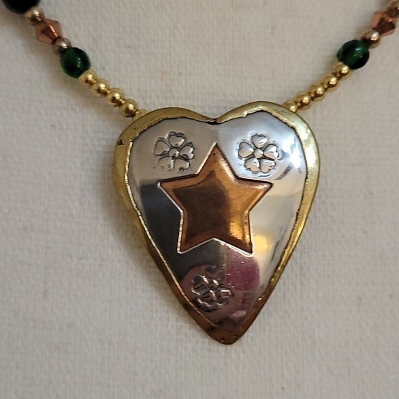 HANDMADE Tiger Eye Metal Copper Brass Heart Pendant Beaded Necklace - Picture 3 of 6